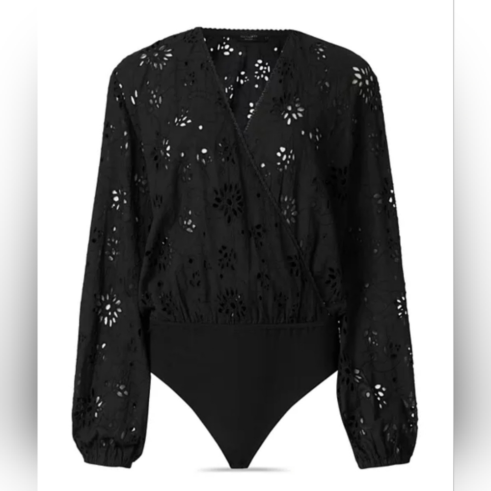 All Saints Black Amara Broderie Bodysuit, Eyelet Design, NWT, Size 6 - Picture 3 of 16